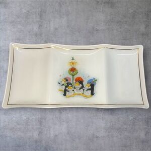 HTF Vintage FERD Penguin Christmas Reverse Glass Tray Gold Trim Holiday Dish